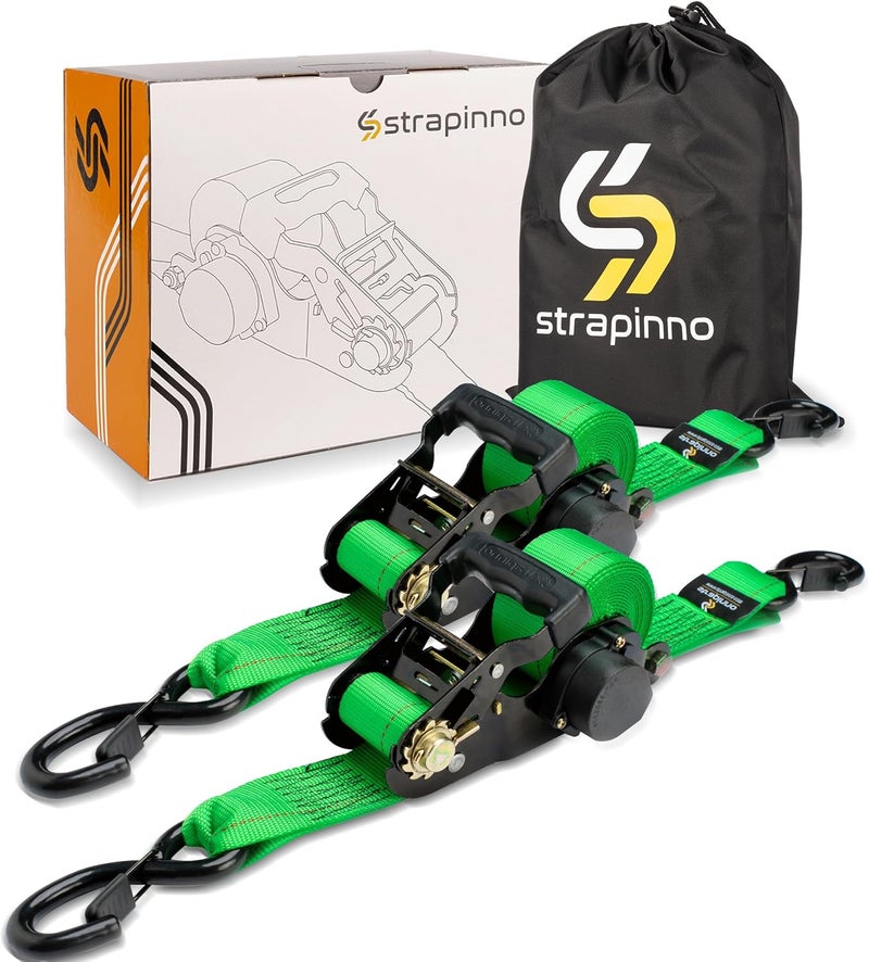Strapinno Retractable Ratchet Tie-Down Straps,5,000 lbs Breaking Strength- 2 in x 12 ft Heavy Duty Ratchet Strap with Safety Lock S Hooks for Motorcycles, ATVs, UTVs, Lawn Equipment & Cargo (Green) - Image 1